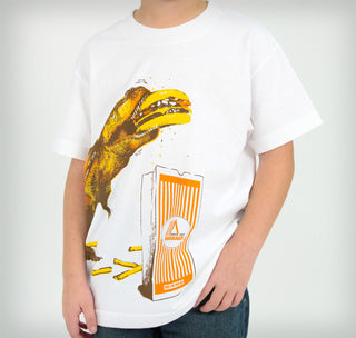 On Body View T-Rex eating burger Kids Tee